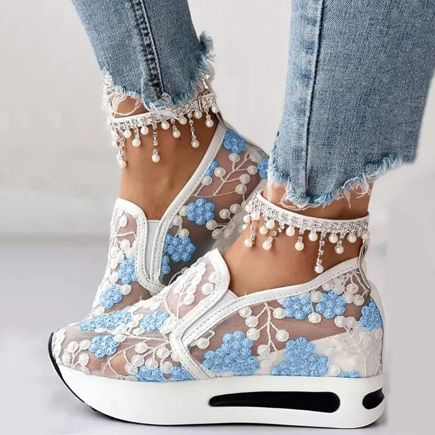 Womens Platform Wedge Sneakers Fashion Mesh Floral Embroidery Breathable Slip on Air Comfort Chunky Arch Support Walking Shoes