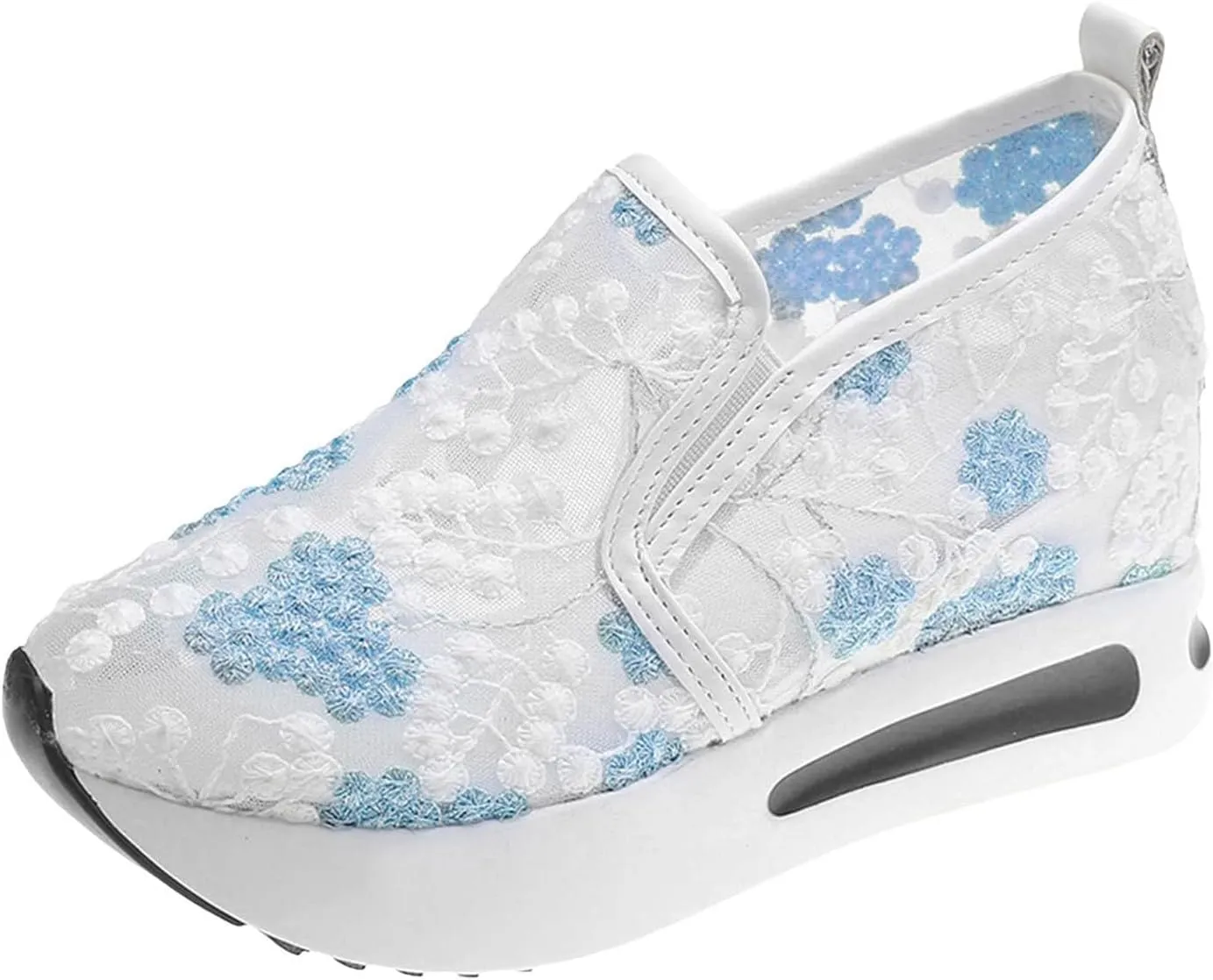 Womens Platform Wedge Sneakers Fashion Mesh Floral Embroidery Breathable Slip on Air Comfort Chunky Arch Support Walking Shoes