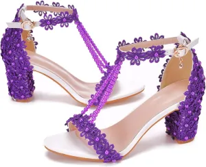 Womens Pumps Ankle Strap High Heels Pointed Toe/Open Toe Stiletto Chunky Block Heel Heeled Sandals with Pearls/Rhinestones Bridal Wedding Dress Shoes for Bride,2.95inches/7.5cm
