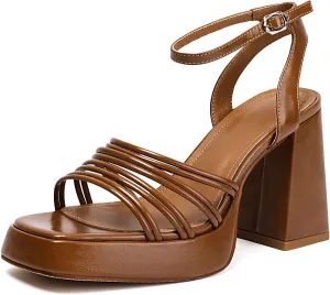 Women's Retro Platform Strappy High Chunky Block Heels Ankle Strap Square Open Toe Heeled Sandals
