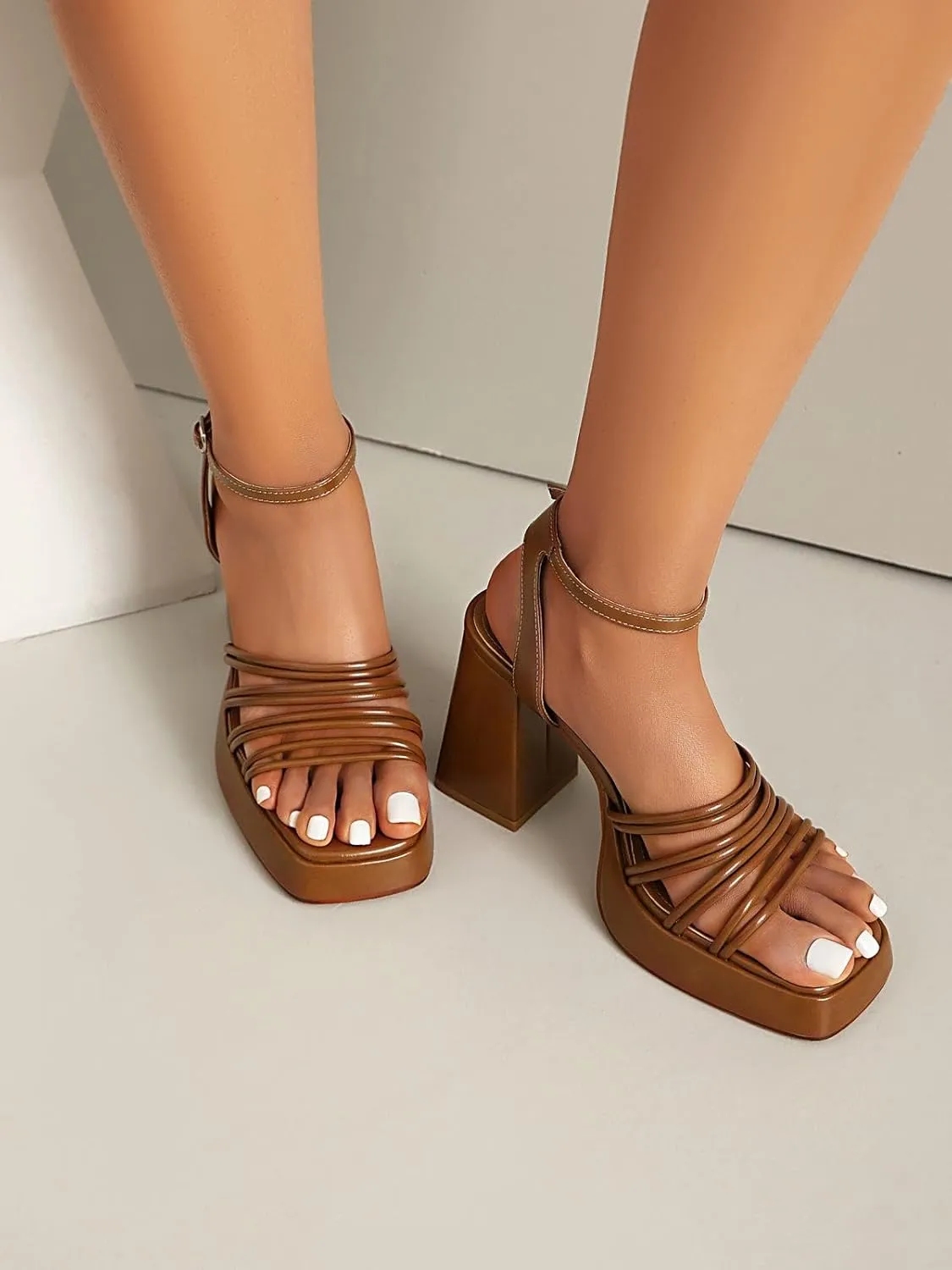 Women's Retro Platform Strappy High Chunky Block Heels Ankle Strap Square Open Toe Heeled Sandals