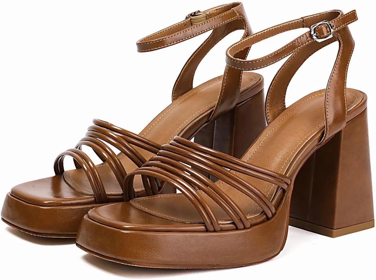 Women's Retro Platform Strappy High Chunky Block Heels Ankle Strap Square Open Toe Heeled Sandals