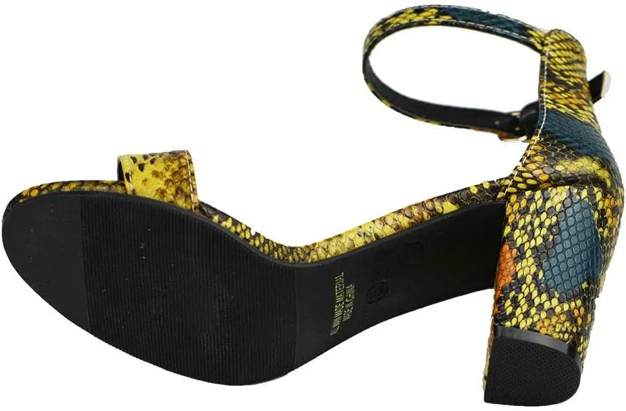 Women's Snake Skin Sandals Single Band Ankle Strap Chunky Block Heeled Fashion Summer Shoes