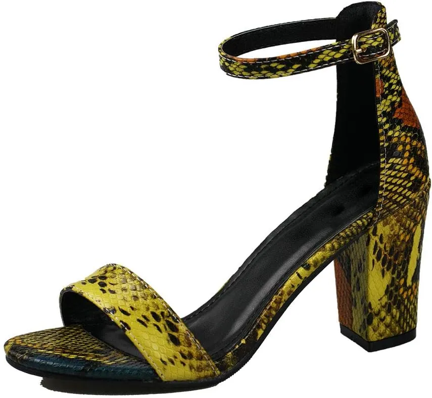 Women's Snake Skin Sandals Single Band Ankle Strap Chunky Block Heeled Fashion Summer Shoes