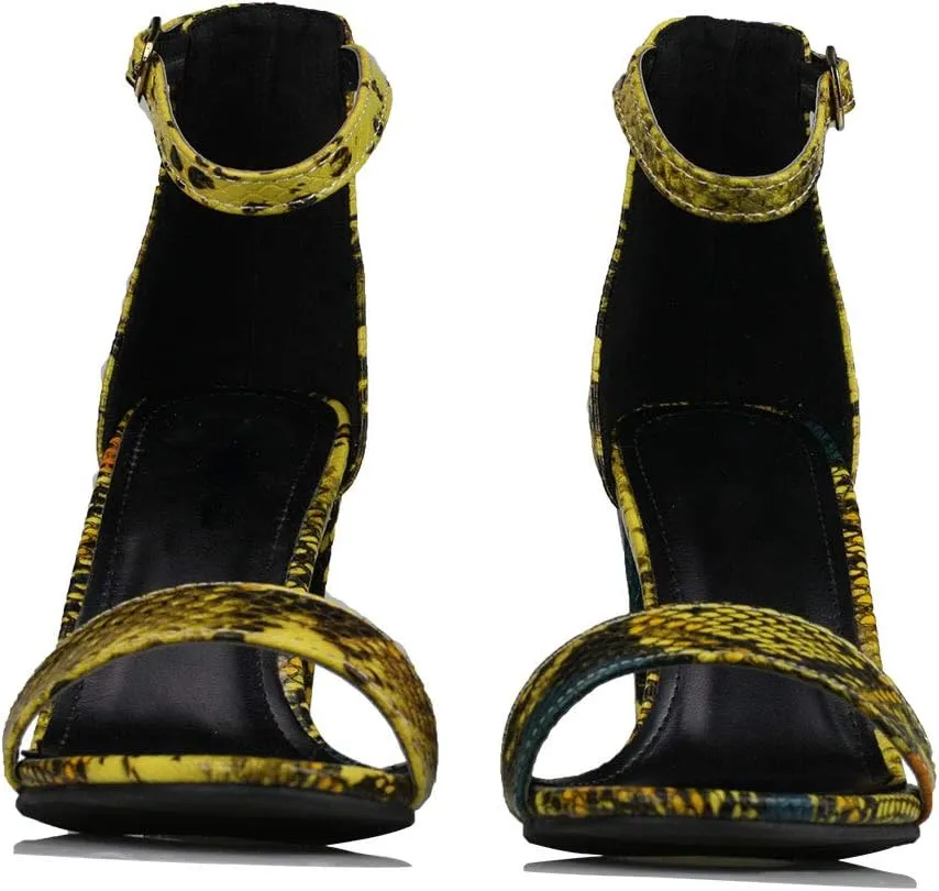 Women's Snake Skin Sandals Single Band Ankle Strap Chunky Block Heeled Fashion Summer Shoes