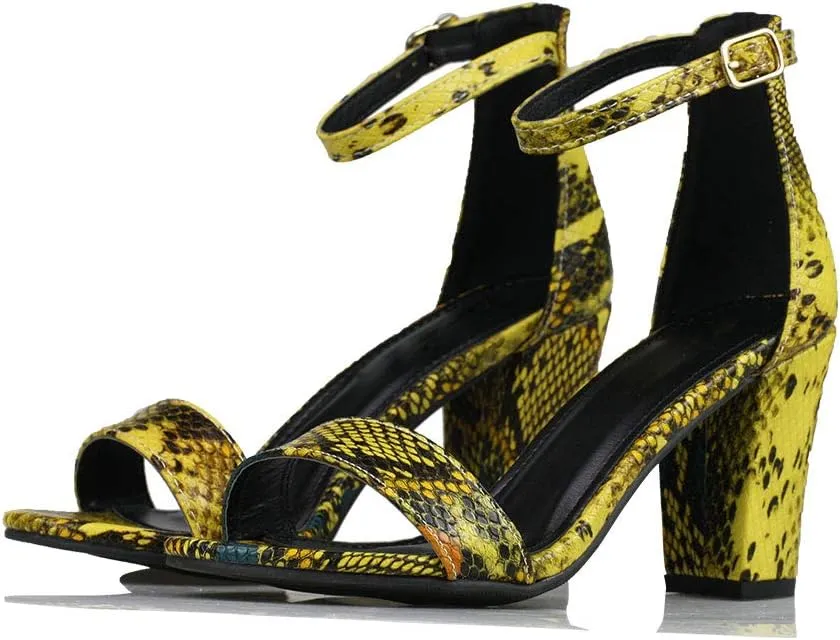 Women's Snake Skin Sandals Single Band Ankle Strap Chunky Block Heeled Fashion Summer Shoes