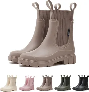 Women's Solid Color Waterproof Rain Boots, Waterproof Non-Slip Thick Sole Boots, Lightweight Stylish Ankle Shoes
