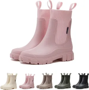 Women's Solid Color Waterproof Rain Boots, Waterproof Non-Slip Thick Sole Boots, Lightweight Stylish Ankle Shoes