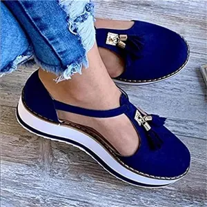 Women's Walking Shoes Orthopedic Walking Sandals 2022 Retro Round Toe Loafers Wedge Sandals Casual Summer Closed Toe Canvas Shoes,Blue,US7/EU38