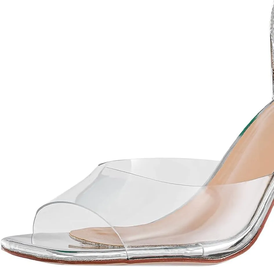 XYD Clear Block Heel Sandals for Women Open Toe Dressy Summer Transparent Ankle Strappy Pumps Party Wedding Shoes