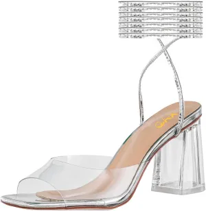 XYD Clear Block Heel Sandals for Women Open Toe Dressy Summer Transparent Ankle Strappy Pumps Party Wedding Shoes