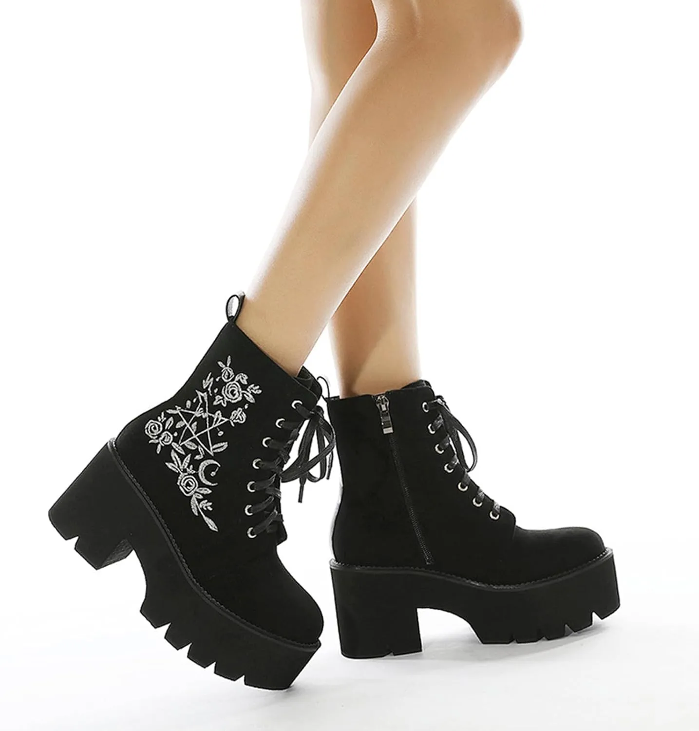 ZKXYFFS Womens Platform Boots Embroidered Chunky Boots Fashion Mid Calf Booties Lace Up Combat Boots Thick Sole Ankle Booties