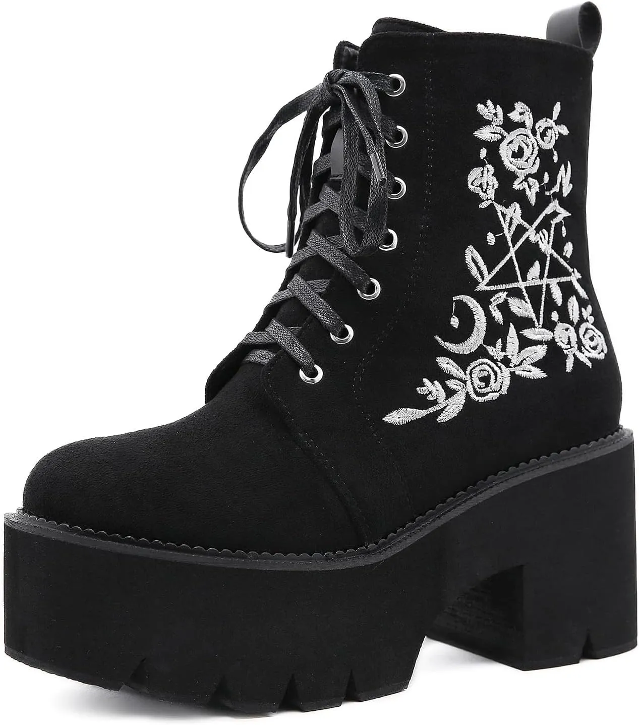 ZKXYFFS Womens Platform Boots Embroidered Chunky Boots Fashion Mid Calf Booties Lace Up Combat Boots Thick Sole Ankle Booties