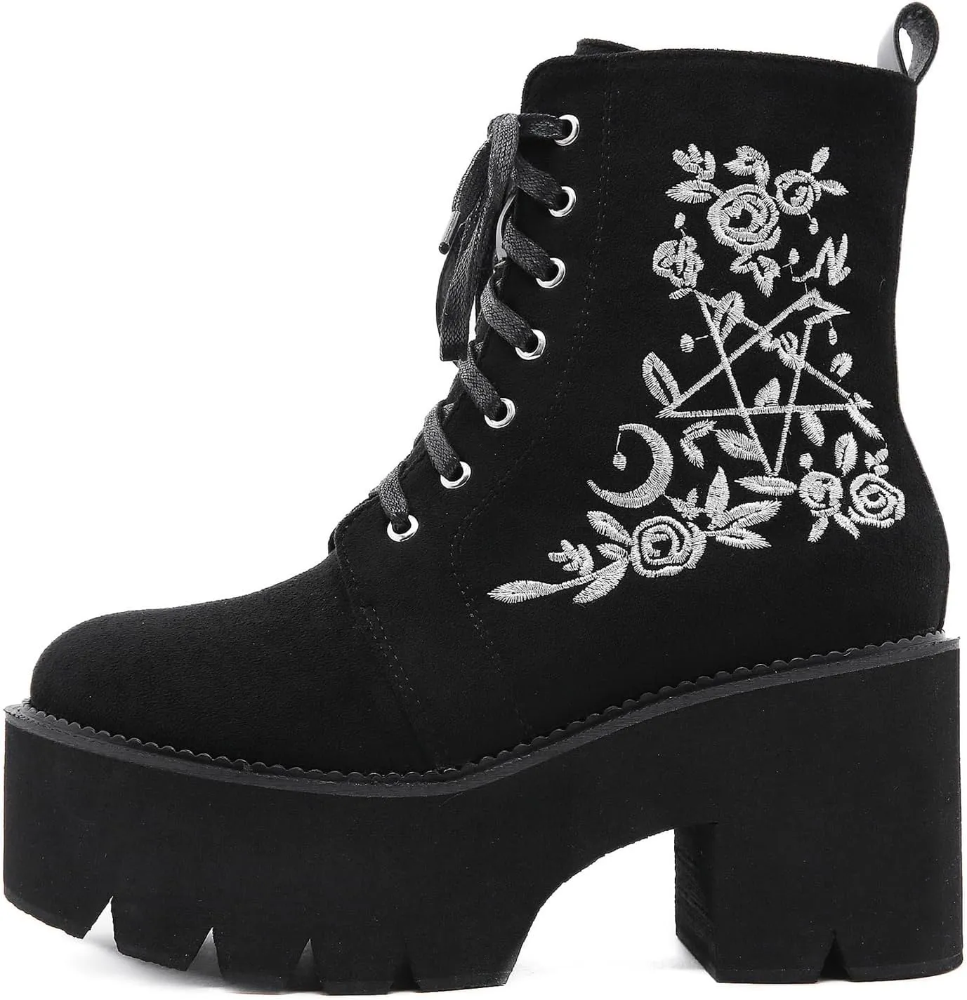ZKXYFFS Womens Platform Boots Embroidered Chunky Boots Fashion Mid Calf Booties Lace Up Combat Boots Thick Sole Ankle Booties