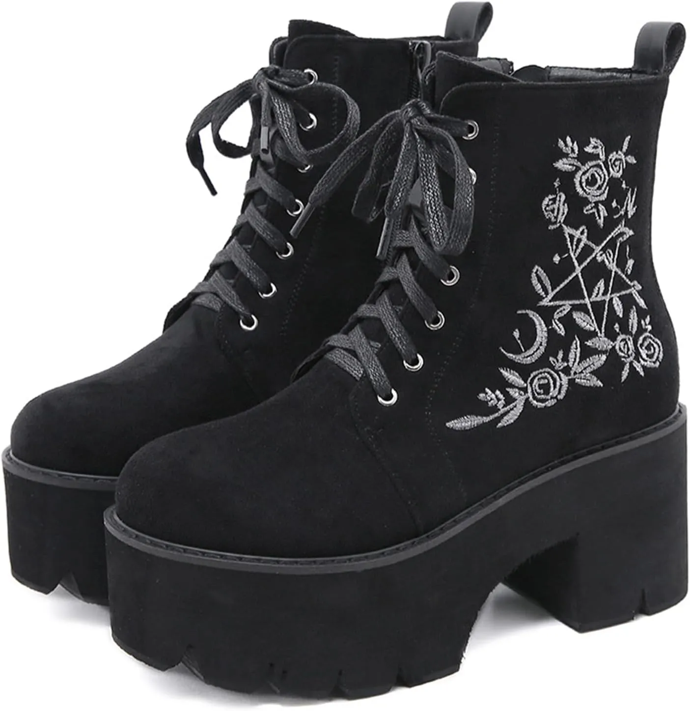ZKXYFFS Womens Platform Boots Embroidered Chunky Boots Fashion Mid Calf Booties Lace Up Combat Boots Thick Sole Ankle Booties