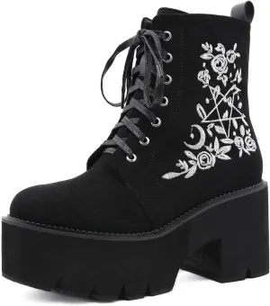 ZKXYFFS Womens Platform Boots Embroidered Chunky Boots Fashion Mid Calf Booties Lace Up Combat Boots Thick Sole Ankle Booties